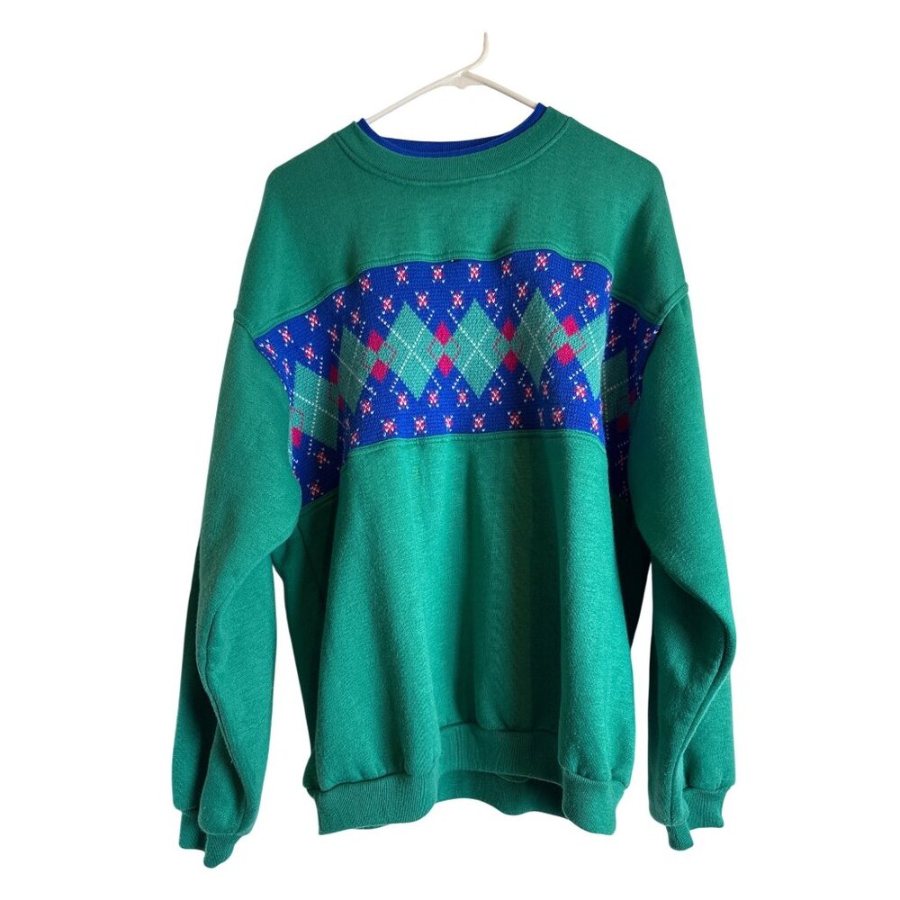 90s Vtg American Weekend XL Green Sweater With Blue Argyle Knit Panel Distressed
